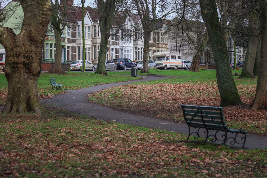 A park area with a winding paved pathway bordered by fallen leaves and tall trees with thick trunks and bare branches, suggesting late autumn or early winter. Two metal benches with decorative armrests are positioned along the path, one in the foreground and another further back near a small green lawn. In the background, a row of residential Victorian-style houses with bay windows and detailed facades line the street, with several parked cars visible along the curb and a white van with orange and grey markings parked on the street. The scene is lit with soft, natural daylight, and the space appears to be a quiet, residential neighborhood undergoing a home relocation process with furniture and packing materials likely being moved nearby by Man With a Van Barking as part of their removals service in the Barking Abbey area.