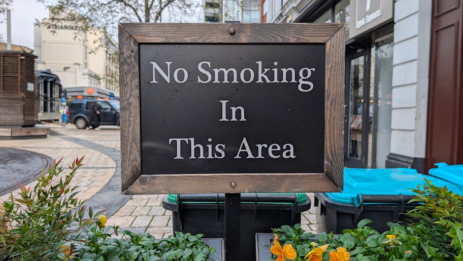 A black and white sign with a wooden frame displaying the message 'No Smoking In This Area' is positioned outdoors on a sidewalk near a building entrance. The sign is mounted on a metal stand, surrounded by green foliage and yellow flowers in the foreground. Behind the sign, there are large black and blue bins with lids, likely for waste disposal or recycling, placed on a paved area adjacent to the building. In the background, a street scene includes parked cars, a pedestrian, and additional urban elements such as storefronts and street furniture, indicating the sign is situated in a public or commercial area. The overall scene suggests an environment where tidy and safe public behaviour is being encouraged, consistent with the context of moving or house-related services such as those offered by Man With a Van Barking.